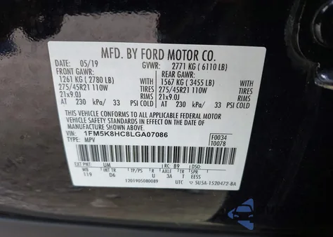 2020 Ford Explorer Platinum z USA, uszkodzony, nr VIN 1FM5K8HC8LGA07086